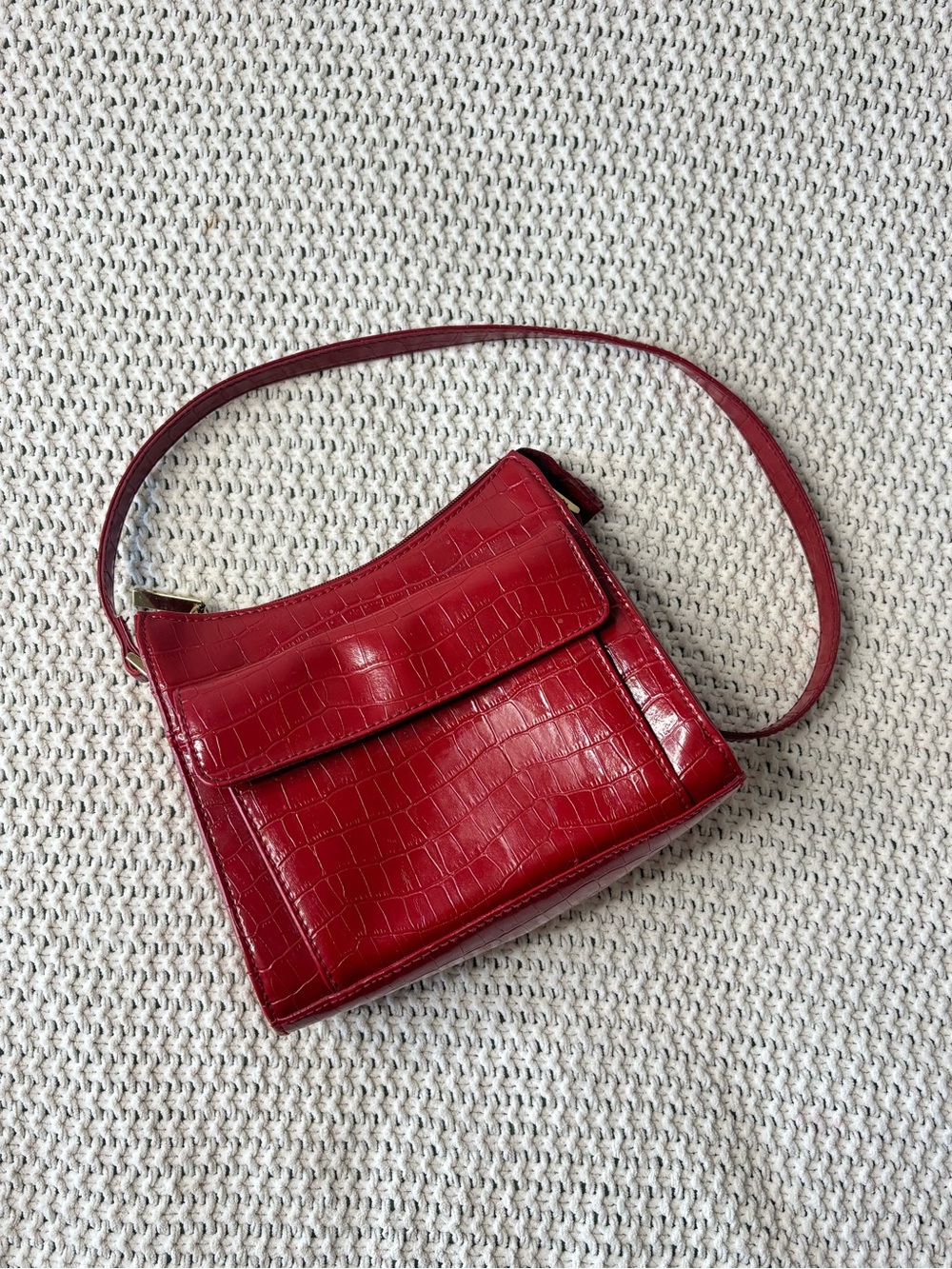 Red Croc-Embossed Shoulder Bag